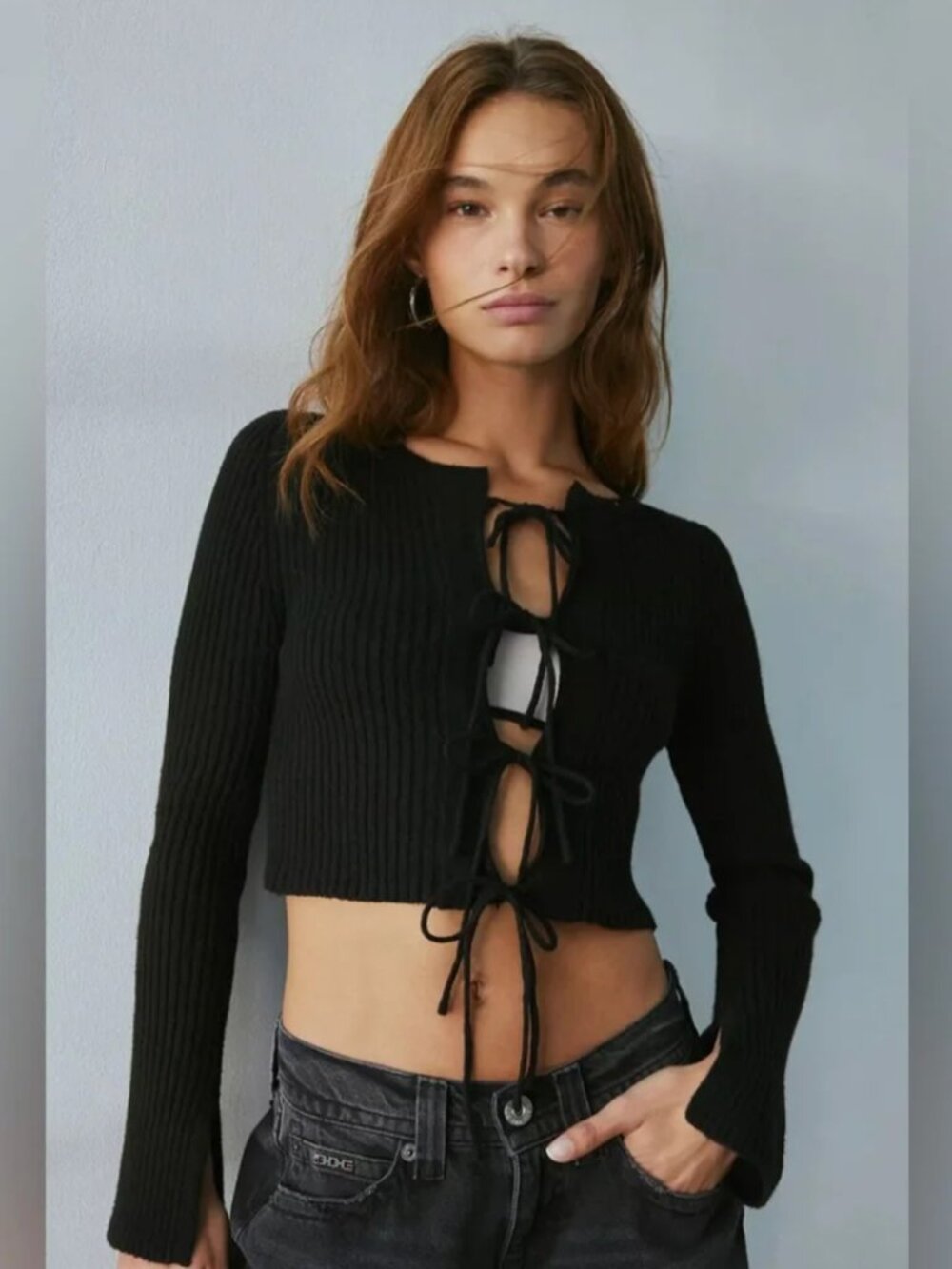 NWT Kimchi Blue Jane Bow Tie-Front Cardigan | Urban Outfitters Black
